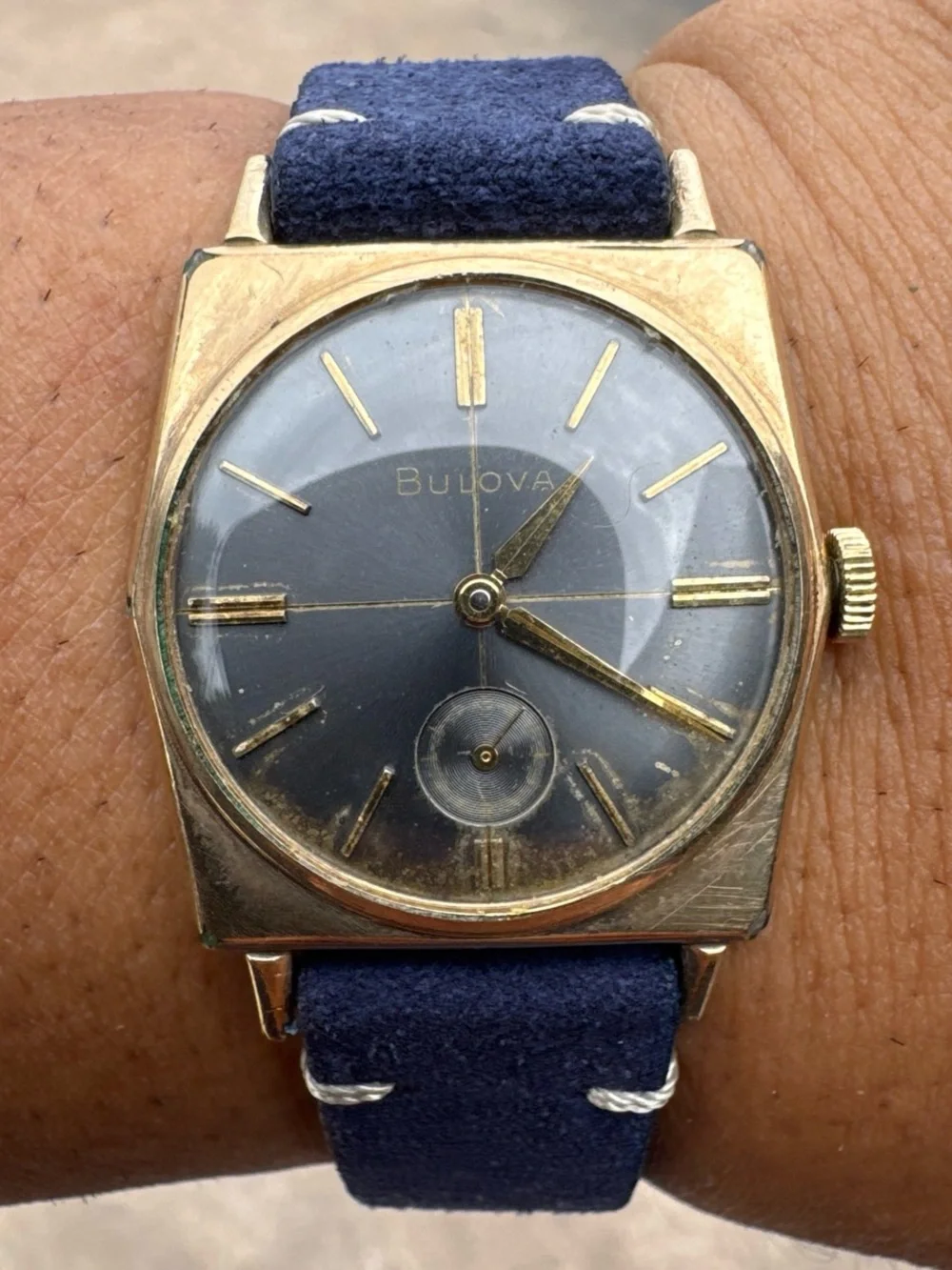 Bulova Gold and Blue Dial Vintage Manual Wind Rare Men's Watch